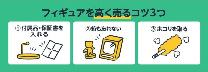 フィギュアを高く売るコツ3つ。①付属品・保証書を入れる②箱も忘れない③ホコリを取る
