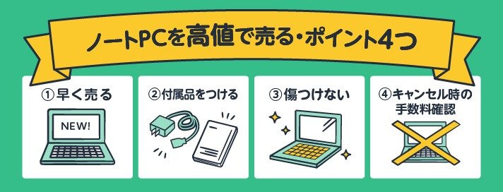 ノートPCを高値で売る・ポイント４つ①早く売る②付属品をつける③傷つけない④キャンセル料の手数料確認
