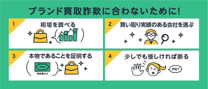 ブランド買取詐欺に合わないために！①相場を調べる②買い取り実績のある会社を選ぶ③本物であることを証明する④少しでも怪しければ断る