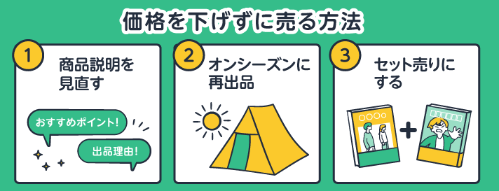 価格を下げずに売る方法。①商品説明を見直す②オンシーズンに再出品。③セット売りにする