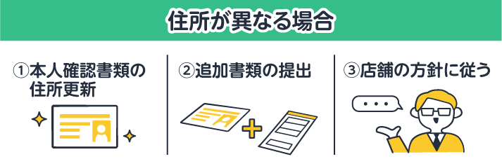住所が異なる場合。①本人確認書類の住所更新②追加書類の提出③店舗の方針に従う
