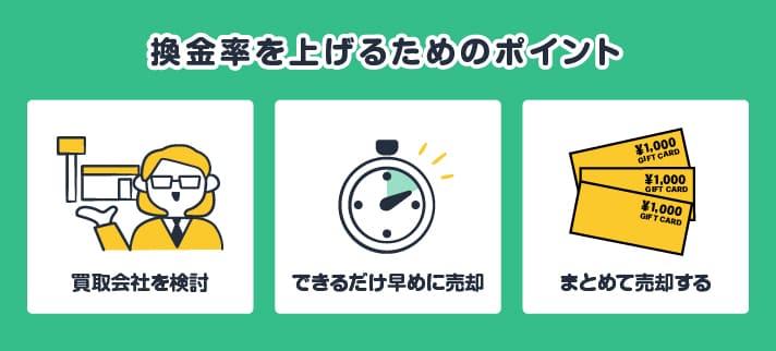 換金率を上げるためのポイント：買取会社を検討、できるだけ早めに売却、まとめて売却する