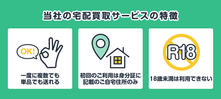 当社の宅配買取サービスの特徴/一度に複数でも単品でも送れる/初回のご利用は身分証に記載のご自宅住所のみ/18歳未満は利用できない