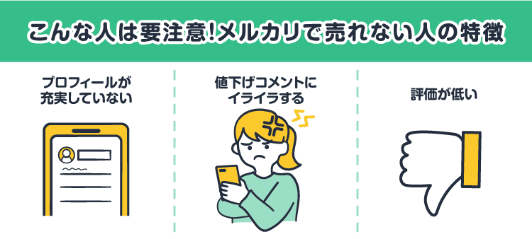こんな人は要注意!メルカリで売れない人の特徴/プロフィールが充実していない/値下げコメントにイライラする/評価が低い