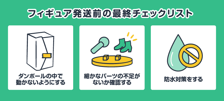 フィギュア発送前の最終チェックリスト/ダンボールの中で動かないようにする/細かなパーツの不足がないか確認する/防水対策をする