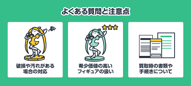 よくある質問と注意点/破損や汚れがある場合の対応/希少価値の高いフィギュアの扱い/買取時の書類や手続きについて