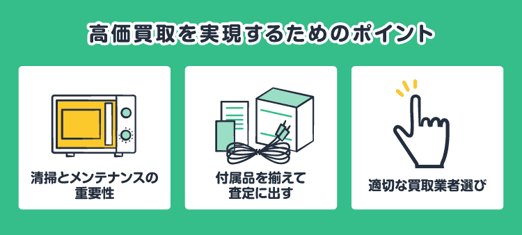高価買取を実現するためのポイント/清掃とメンテナンスの重要性/付属品を揃えて査定に出す/適切な買取業者選び