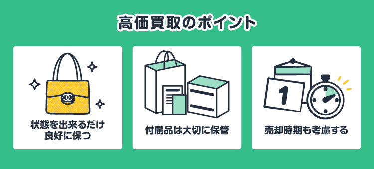 高価買取のポイント：状態を出来るだけ良好に保つ/付属品は大切に保管/売却時期も考慮する