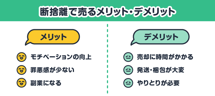 断捨離で売るメリット・デメリット：「メリット」モチベーションの向上/罪悪感が少ない/副業になる「デメリット」売却に時間がかかる/発送・梱包が大変/やりとりが必要