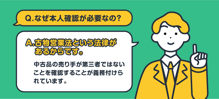 Q.なぜ本人確認が必要なの？：A.古物営業法という法律があるからです。 中古品の売り手が第三者ではないことを確認することが義務付けられています。