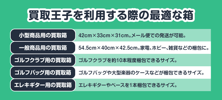 買取王子を利用する際の最適な箱：小型商品用の買取箱 42cm×33cm×31cm。メール便での発送が可能。/一般商品用の買取箱 54.5cm×40cm×42.5cm。家電、ホビー、雑貨などの梱包に。/ゴルフクラブ用の買取箱 ゴルフクラブを約10本程度梱包できるサイズ。/ゴルフバッグ用の買取箱 ゴルフバッグや大型楽器のケースなどが梱包できるサイズ。/エレキギター用の買取箱 エレキギターやベースを1本梱包できるサイズ。