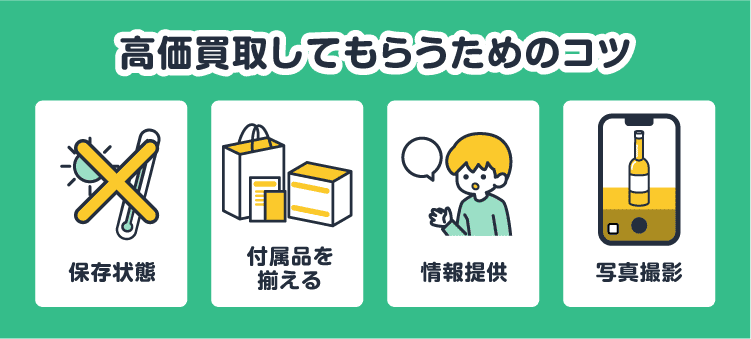 高価買取してもらうためのコツ：保存状態/付属品を揃える/情報提供/写真撮影