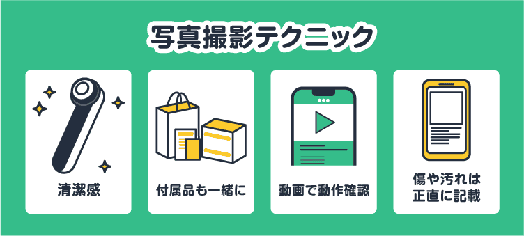 写真撮影テクニック：清潔感/付属品も一緒に/動画で動作確認/傷や汚れは正直に記載