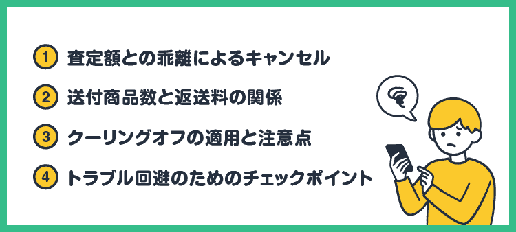 ①査定額との乖離によるキャンセル②送付商品数と返送料の関係③クーリングオフの適用と注意点④トラブル回避のためのチェックポイント