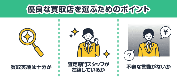優良な買取店を選ぶためのポイント：買取実績は十分か / 査定専門スタッフが在籍しているか / 不審な言動がないか