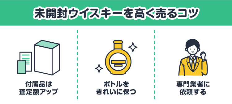 未開封ウイスキーを高く売るコツ：付属品は査定額アップ/ボトルをきれいに保つ/専門業者に依頼する
