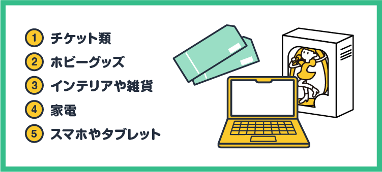 ①チケット類 ②ホビーグッズ ③インテリアや雑貨 ④家電 ⑤スマホやタブレット