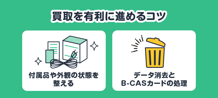 買取を有利に進めるコツ：付属品や外観の状態を整える/データ消去とB-CASカードの処理