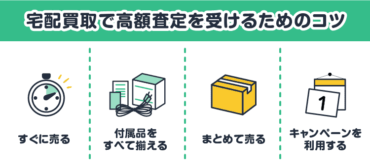 宅配買取で高額査定を受けるためのコツ：すぐに売る/付属品もすべて揃える/まとめて売る/キャンペーンを利用する